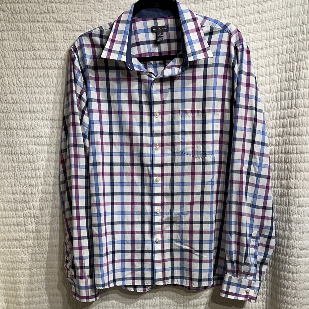 Van Heusen Men's Plaid Blue Purple White Button Down Shirt Size Large